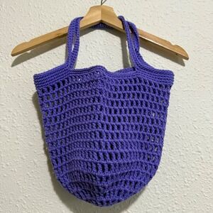 Crochet‎ Market Bag Reusable Shopping Tote Bag Handmade Knit Purple Pink Cream